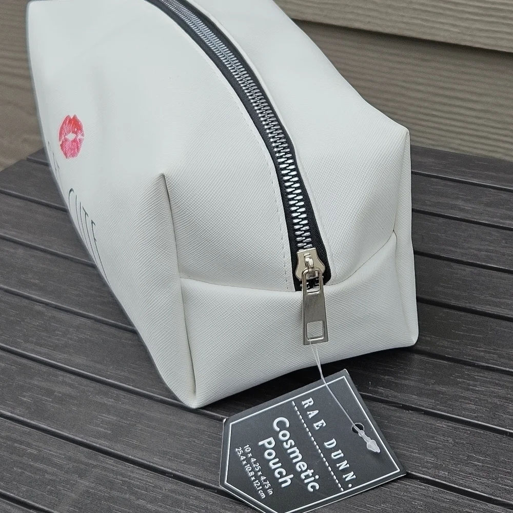NEW! Rae Dunn “GET CUTE” Cosmetics Makeup Case Bag Pouch White Red Kiss Lips